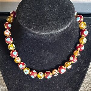 Handpainted Red and Yellow Millefiori Glass Bead Necklace